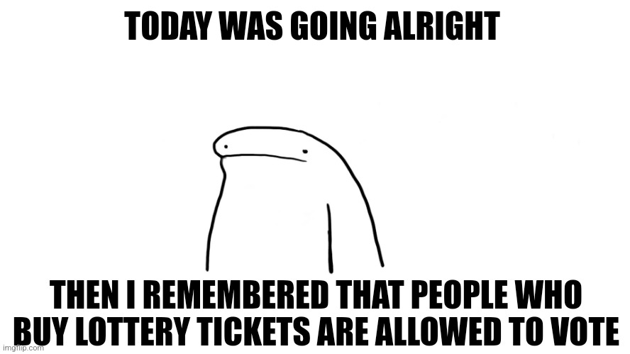 flork ... | TODAY WAS GOING ALRIGHT; THEN I REMEMBERED THAT PEOPLE WHO BUY LOTTERY TICKETS ARE ALLOWED TO VOTE | image tagged in flork | made w/ Imgflip meme maker