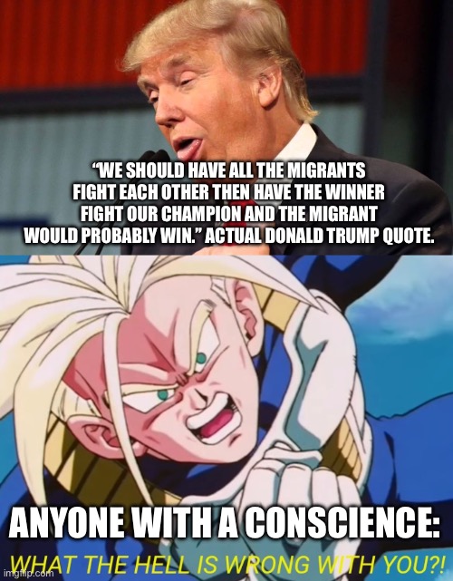 I can’t believe he actually suggested this…oh wait I can I just hate it… | “WE SHOULD HAVE ALL THE MIGRANTS FIGHT EACH OTHER THEN HAVE THE WINNER FIGHT OUR CHAMPION AND THE MIGRANT WOULD PROBABLY WIN.” ACTUAL DONALD TRUMP QUOTE. ANYONE WITH A CONSCIENCE: | image tagged in stupid trump,trunks what the hell is wrong with you,the boiler room of hell,liberal vs conservative,left is best | made w/ Imgflip meme maker