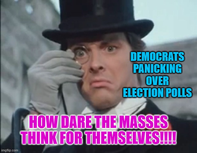 Monocle Outrage | DEMOCRATS PANICKING OVER ELECTION POLLS; HOW DARE THE MASSES THINK FOR THEMSELVES!!!! | image tagged in monocle outrage | made w/ Imgflip meme maker