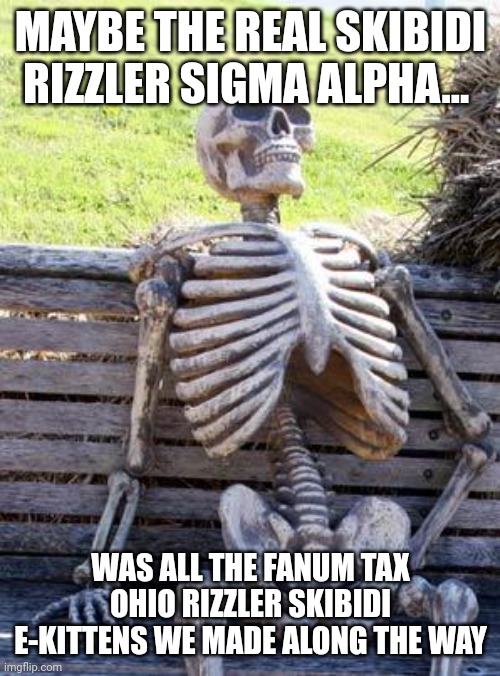 Gen Alpha Anime: | MAYBE THE REAL SKIBIDI RIZZLER SIGMA ALPHA... WAS ALL THE FANUM TAX OHIO RIZZLER SKIBIDI E-KITTENS WE MADE ALONG THE WAY | image tagged in memes,waiting skeleton,gen alpha | made w/ Imgflip meme maker