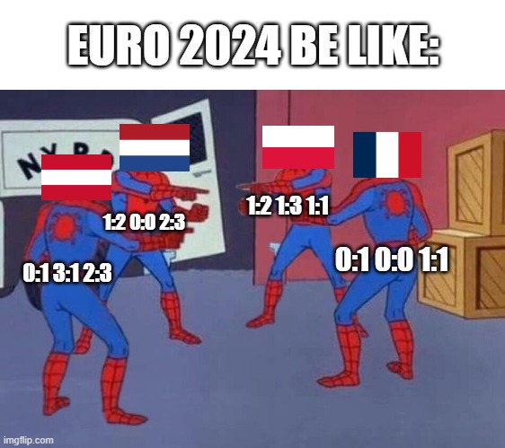 4 Spiderman pointing at each other | EURO 2024 BE LIKE:; 1:2 1:3 1:1; 1:2 0:0 2:3; 0:1 0:0 1:1; 0:1 3:1 2:3 | image tagged in 4 spiderman pointing at each other,euro 2024,football,group d | made w/ Imgflip meme maker