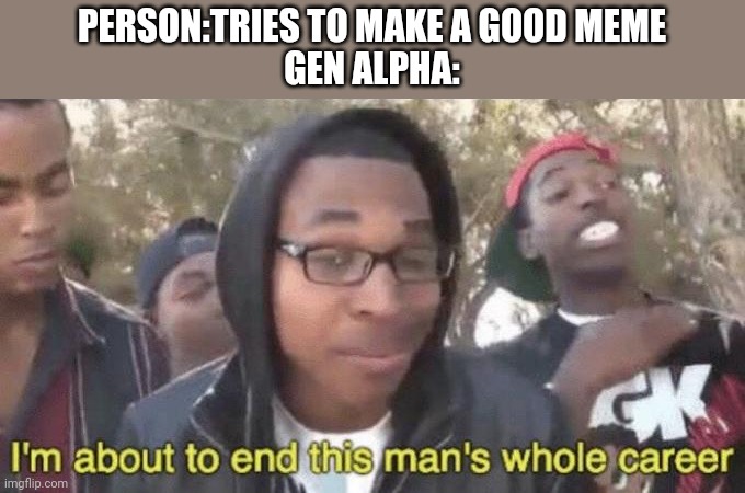 I’m about to end this man’s whole career | PERSON:TRIES TO MAKE A GOOD MEME
GEN ALPHA: | image tagged in i m about to end this man s whole career | made w/ Imgflip meme maker