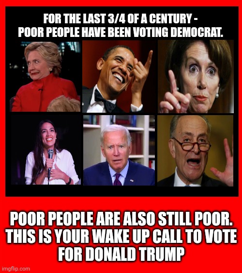 There you go Politics Mod - remade it 100% Original | FOR THE LAST 3/4 OF A CENTURY - POOR PEOPLE HAVE BEEN VOTING DEMOCRAT. POOR PEOPLE ARE ALSO STILL POOR.
THIS IS YOUR WAKE UP CALL TO VOTE
FOR DONALD TRUMP | image tagged in bigass red blank template,government corruption,democrats,poor people | made w/ Imgflip meme maker