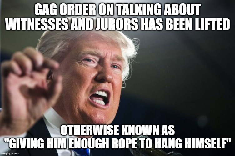 He won't be able to stop himself from admitting to more crimes | GAG ORDER ON TALKING ABOUT WITNESSES AND JURORS HAS BEEN LIFTED; OTHERWISE KNOWN AS
"GIVING HIM ENOUGH ROPE TO HANG HIMSELF" | image tagged in donald trump,gag,criminal | made w/ Imgflip meme maker