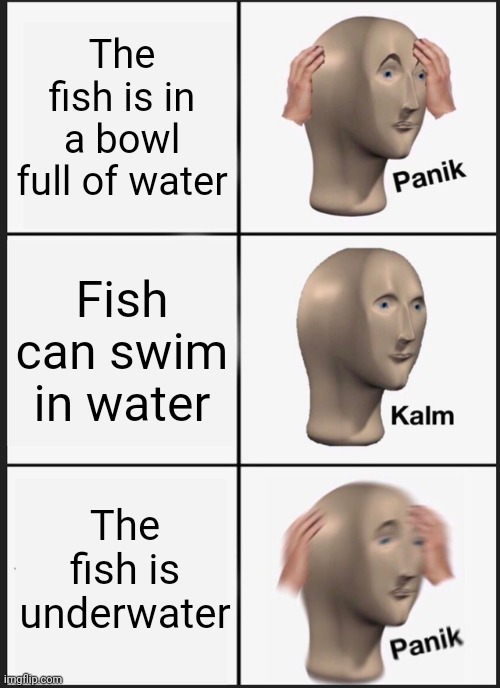 Panik Kalm Panik | The fish is in a bowl full of water; Fish can swim in water; The fish is underwater | image tagged in memes,panik kalm panik | made w/ Imgflip meme maker