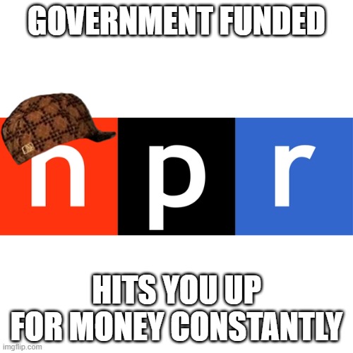 Government Funded? | GOVERNMENT FUNDED; HITS YOU UP FOR MONEY CONSTANTLY | image tagged in npr logo,skeptical,money | made w/ Imgflip meme maker