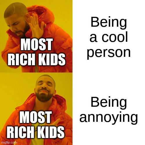 Drake Hotline Bling Meme | Being a cool person; MOST RICH KIDS; Being annoying; MOST RICH KIDS | image tagged in memes,drake hotline bling,funny,rich kids | made w/ Imgflip meme maker