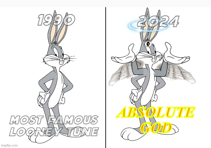 1990 bugs vs 2024 bugs | 2024; 1990; ABSOLUTE GOD; MOST FAMOUS LOONEY TUNE | image tagged in double bugs,god,buff doge vs cheems,bugs bunny | made w/ Imgflip meme maker