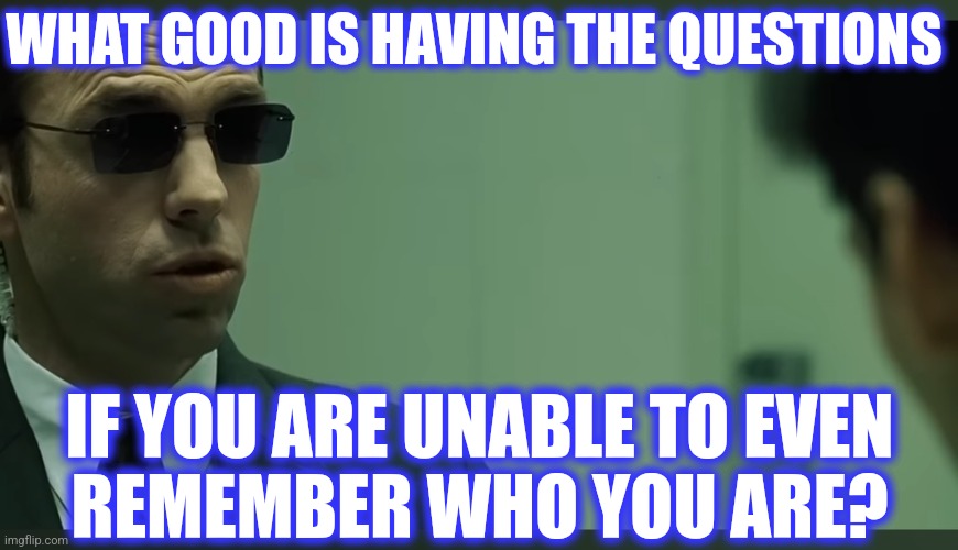 WHAT GOOD IS HAVING THE QUESTIONS IF YOU ARE UNABLE TO EVEN
REMEMBER WHO YOU ARE? | made w/ Imgflip meme maker
