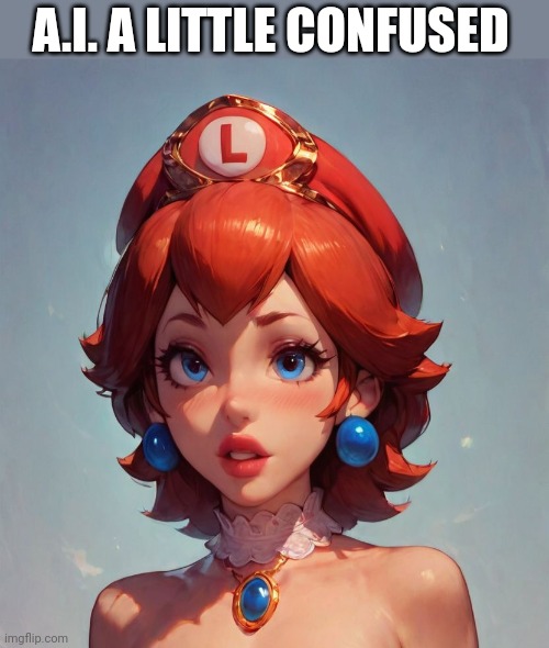 PRINCESS LUIGI? | A.I. A LITTLE CONFUSED | image tagged in princess peach,luigi,super mario bros,ai art,nintendo | made w/ Imgflip meme maker