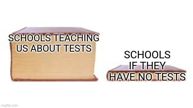 I wish that we didn't have any school tests. | SCHOOLS TEACHING US ABOUT TESTS; SCHOOLS IF THEY HAVE NO TESTS | image tagged in big book small book,memes,funny,school | made w/ Imgflip meme maker