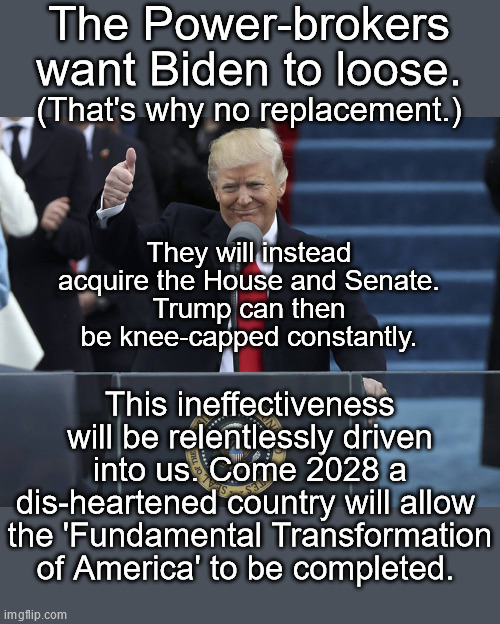 A Chilling Thought. Don't forget about Congress. | The Power-brokers want Biden to loose. (That's why no replacement.); They will instead acquire the House and Senate.
Trump can then be knee-capped constantly. This ineffectiveness will be relentlessly driven into us. Come 2028 a dis-heartened country will allow  the 'Fundamental Transformation of America' to be completed. | image tagged in trump inauguration | made w/ Imgflip meme maker