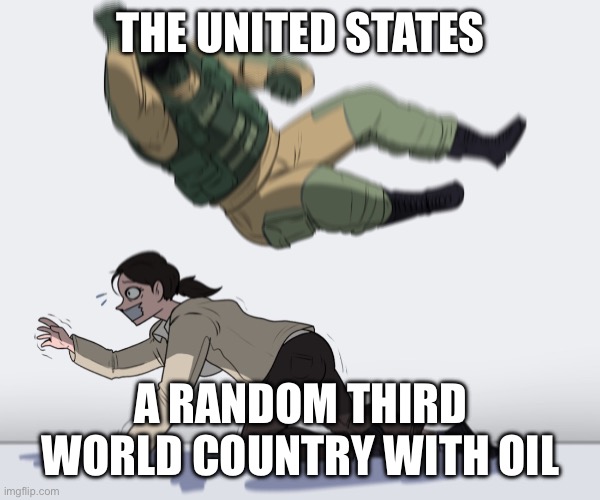 OIL! | THE UNITED STATES; A RANDOM THIRD WORLD COUNTRY WITH OIL | image tagged in rainbow six - fuze the hostage | made w/ Imgflip meme maker