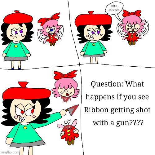 Adeleine murders Ribbon with a gun and this is a very funny comic | image tagged in kirby,comics/cartoons,gore,funny,parody,fanart | made w/ Imgflip meme maker
