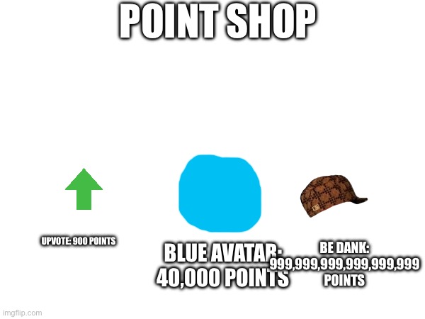 Point shop | POINT SHOP; BE DANK: 999,999,999,999,999,999 POINTS; UPVOTE: 900 POINTS; BLUE AVATAR: 40,000 POINTS | image tagged in buy with points,stonks | made w/ Imgflip meme maker