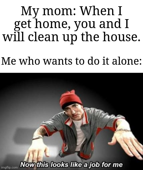 "I'll actually do it myself." | My mom: When I get home, you and I will clean up the house. Me who wants to do it alone: | image tagged in now this looks like a job for me,memes,funny,cleaning | made w/ Imgflip meme maker