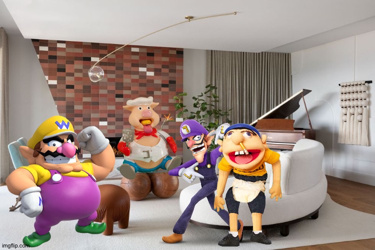 Wario,Waluigi and Jeffy playing Pop the pig in their living room | image tagged in also a living room,wario,waluigi,jeffy,crossover | made w/ Imgflip meme maker