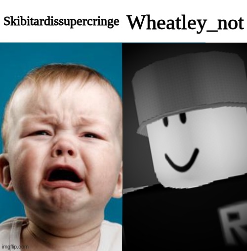 Nickname for Skibidiissuperrizzly | Wheatley_not; Skibitardissupercringe | image tagged in crybaby vs robloxian | made w/ Imgflip meme maker