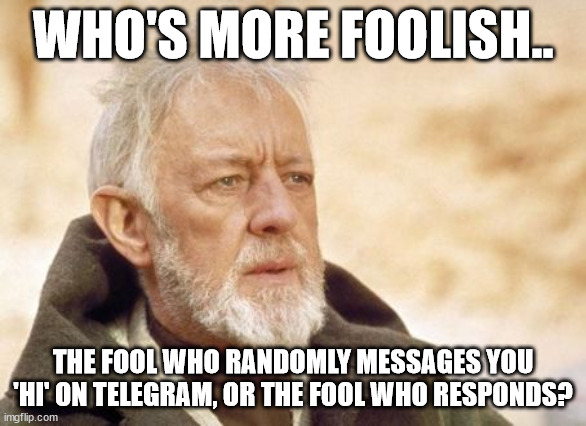 Who's More Foolish On Telegram? | WHO'S MORE FOOLISH.. THE FOOL WHO RANDOMLY MESSAGES YOU 'HI' ON TELEGRAM, OR THE FOOL WHO RESPONDS? | image tagged in memes,obi wan kenobi | made w/ Imgflip meme maker