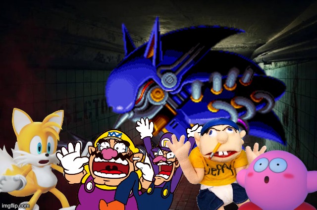 Wario and Friends dies by Giga Metal Sonic while exploring in a dark hallway | image tagged in wario dies,kirby,sonic the hedgehog,jeffy,waluigi,crossover | made w/ Imgflip meme maker
