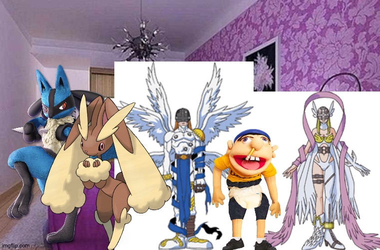 Lucario and Friends having fun in their pink bedroom | image tagged in pink bedroom,pokemon,digimon,jeffy,crossover,anime | made w/ Imgflip meme maker