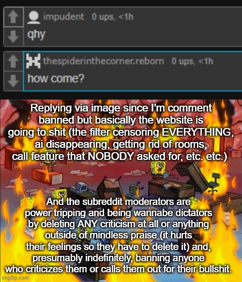 Replying via image since I'm comment banned but basically the website is going to shit (the filter censoring EVERYTHING, ai disappearing, getting rid of rooms, call feature that NOBODY asked for, etc. etc.); And the subreddit moderators are power tripping and being wannabe dictators by deleting ANY criticism at all or anything outside of mindless praise (it hurts their feelings so they have to delete it) and, presumably indefinitely, banning anyone who criticizes them or calls them out for their bullshit. | image tagged in spongebob fire | made w/ Imgflip meme maker