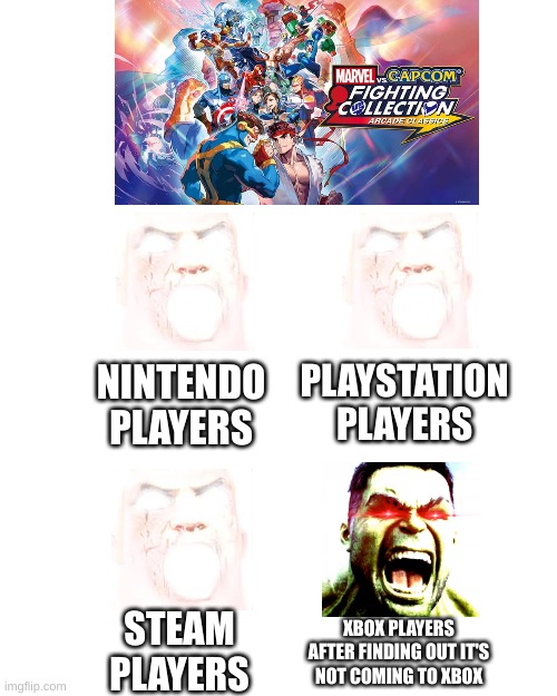 PS4 games are compatible with PS5 in case any PS5 players lost hope | PLAYSTATION PLAYERS; NINTENDO PLAYERS; STEAM PLAYERS; XBOX PLAYERS AFTER FINDING OUT IT'S NOT COMING TO XBOX | image tagged in capcom,memes,gaming,video games,videogames,marvel | made w/ Imgflip meme maker