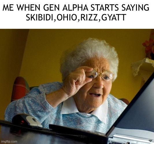 I have no idea what any of this means | ME WHEN GEN ALPHA STARTS SAYING
SKIBIDI,OHIO,RIZZ,GYATT | image tagged in memes,grandma finds the internet,brainrot,i feel old | made w/ Imgflip meme maker