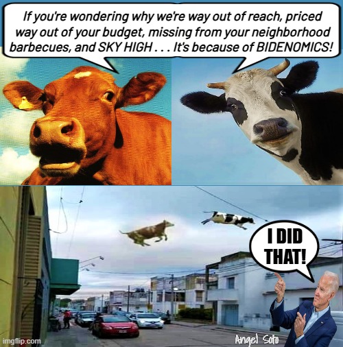 where's the beef? - it's sky high because of bidenomics | If you're wondering why we're way out of reach, priced
way out of your budget, missing from your neighborhood barbecues, and SKY HIGH . . . It's because of BIDENOMICS! I DID
THAT! Angel Soto | image tagged in joe biden,cows,where's the beef,inflation,bidenomics,budget | made w/ Imgflip meme maker