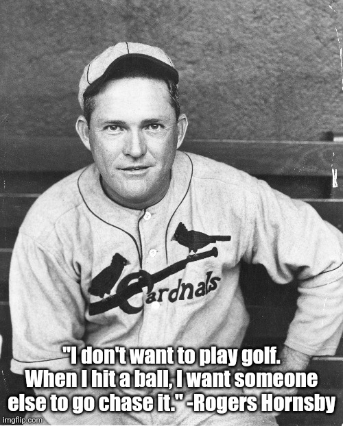 Rogers Hornsby on Golf | "I don't want to play golf. When I hit a ball, I want someone else to go chase it." -Rogers Hornsby | image tagged in funny quotes,baseball,golf,quote,cardinals,sports | made w/ Imgflip meme maker