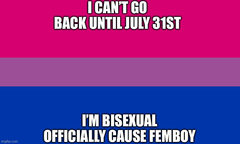 Bi flag | I CAN’T GO BACK UNTIL JULY 31ST; I’M BISEXUAL OFFICIALLY CAUSE FEMBOY | image tagged in bi flag | made w/ Imgflip meme maker