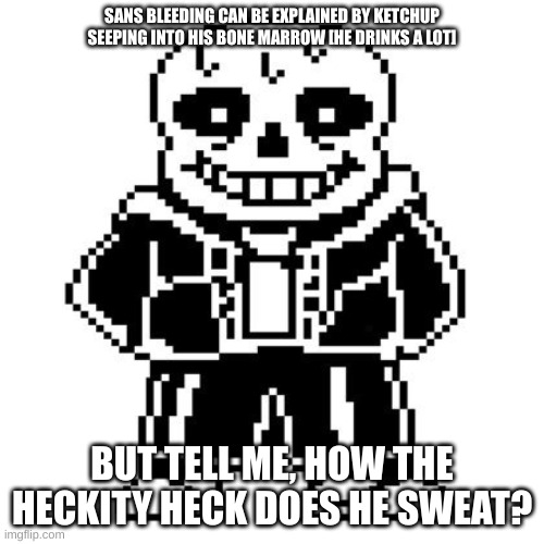 How does Sans sweat? | SANS BLEEDING CAN BE EXPLAINED BY KETCHUP SEEPING INTO HIS BONE MARROW [HE DRINKS A LOT]; BUT TELL ME, HOW THE HECKITY HECK DOES HE SWEAT? | image tagged in game theory,undertale,sans,guys i have a theory | made w/ Imgflip meme maker