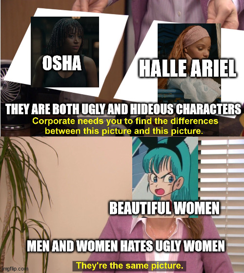 two ugly characters | OSHA; HALLE ARIEL; THEY ARE BOTH UGLY AND HIDEOUS CHARACTERS; BEAUTIFUL WOMEN; MEN AND WOMEN HATES UGLY WOMEN | image tagged in they are the same picture,ugly,star wars,disney,ugly woman,osha | made w/ Imgflip meme maker