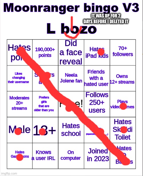 Bingo. | IT WAS UP FOR 2 DAYS BEFORE I DELETED IT | image tagged in moonranger bingo v3 | made w/ Imgflip meme maker