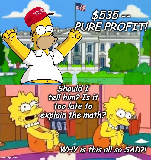 $535 -- PURE PROFIT! Should I tell him? Is it too late to explain the math? WHY is this all so SAD?! | image tagged in homer simpson cheering outside the white house,lisa simpson losing it | made w/ Imgflip meme maker