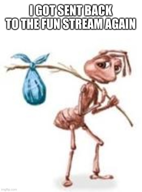why................................................. | I GOT SENT BACK TO THE FUN STREAM AGAIN | image tagged in sad ant with bindle,fun stream,why | made w/ Imgflip meme maker