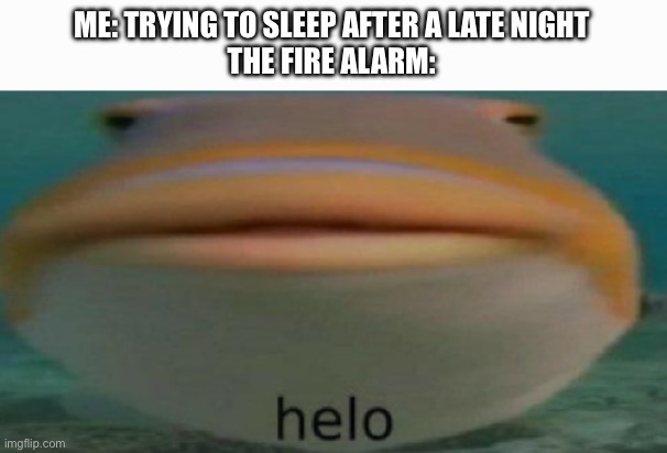 True story | ME: TRYING TO SLEEP AFTER A LATE NIGHT
THE FIRE ALARM: | image tagged in helo,fire alarm,pain,relatable,memes,why are you reading this | made w/ Imgflip meme maker