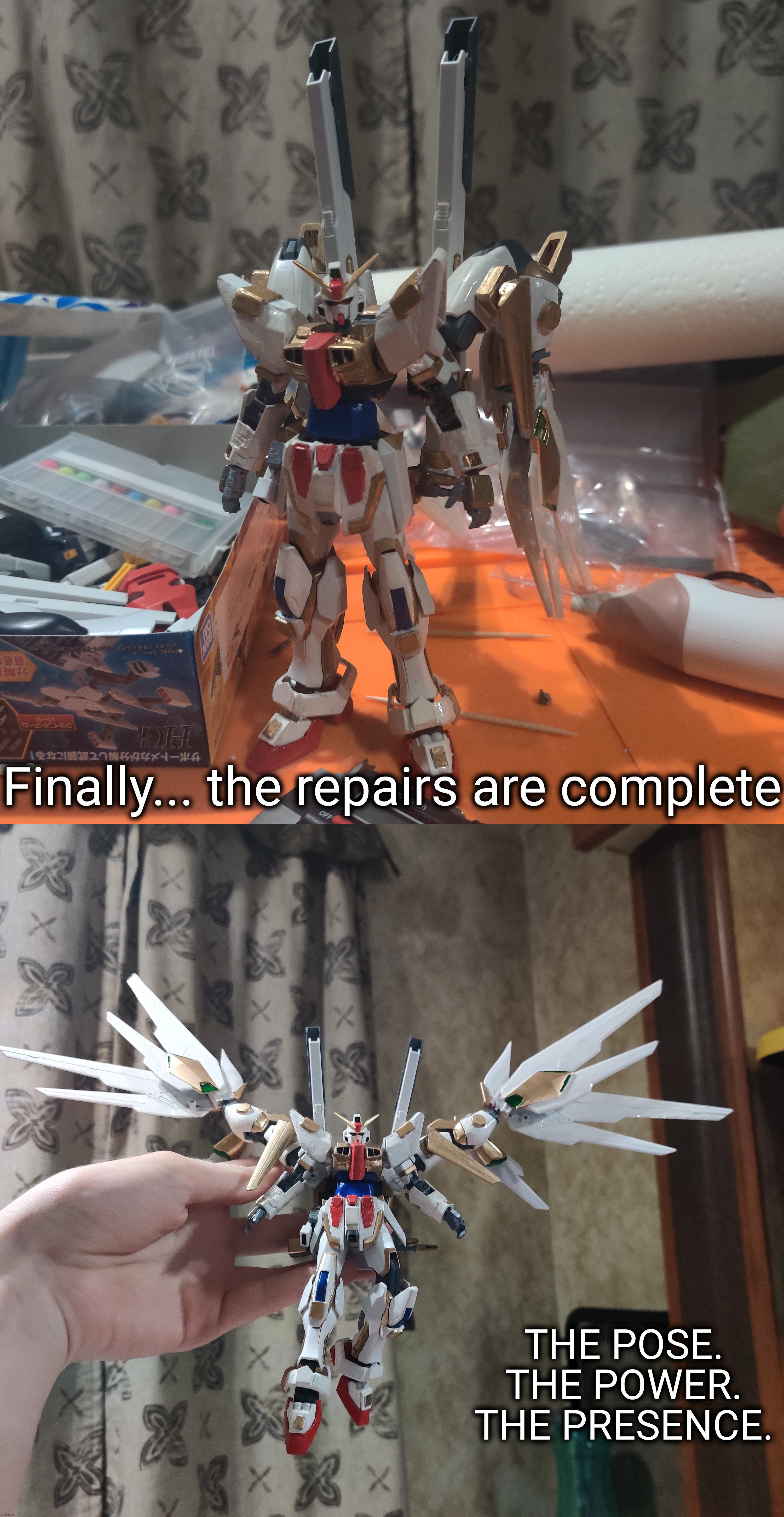 I present to you, the Gundam Raito Senshi (light warrior) | Finally... the repairs are complete; THE POSE. THE POWER. THE PRESENCE. | made w/ Imgflip meme maker