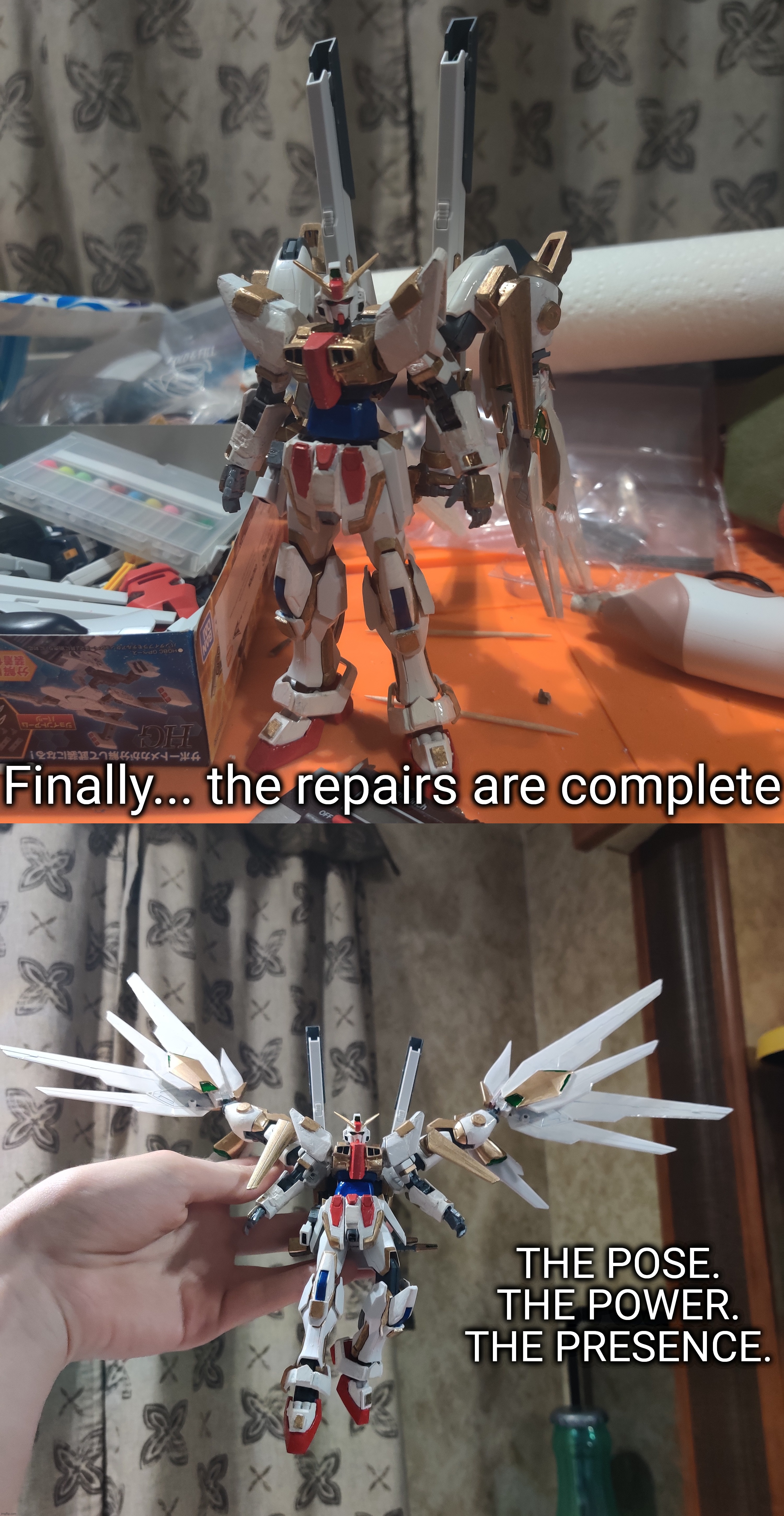The most absurd pair of Gundam wings you'll ever see (Gundam Raito Senshi) | Finally... the repairs are complete; THE POSE. THE POWER. THE PRESENCE. | made w/ Imgflip meme maker