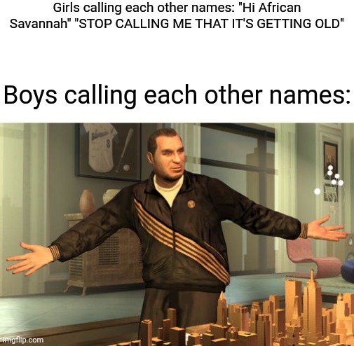 If you played the DLC you know what i mean | Girls calling each other names: "Hi African Savannah" "STOP CALLING ME THAT IT'S GETTING OLD"; Boys calling each other names: | image tagged in yusuf amir gta | made w/ Imgflip meme maker