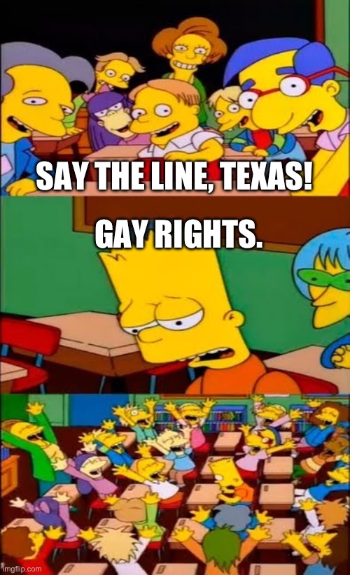 apparently it’s a really homophobic state. I wouldn’t know never been there | SAY THE LINE, TEXAS! GAY RIGHTS. | image tagged in say the line bart simpsons | made w/ Imgflip meme maker
