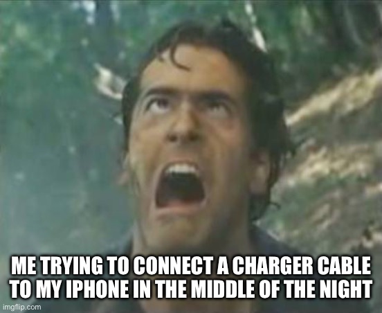 connect charger to iphone at midnight is so hard. | ME TRYING TO CONNECT A CHARGER CABLE TO MY IPHONE IN THE MIDDLE OF THE NIGHT | image tagged in agony ash - evil dead,connect,iphone,midnight,charger,cable | made w/ Imgflip meme maker