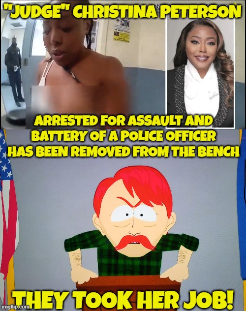 They took her job | "JUDGE" CHRISTINA PETERSON; ARRESTED FOR ASSAULT AND BATTERY OF A POLICE OFFICER HAS BEEN REMOVED FROM THE BENCH; THEY TOOK HER JOB! | image tagged in judge,race card,assault,police,donald trump you're fired,they took our jobs | made w/ Imgflip meme maker