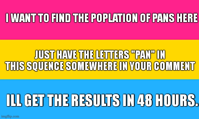 pan clan census | I WANT TO FIND THE POPLATION OF PANS HERE; JUST HAVE THE LETTERS "PAN" IN THIS SQUENCE SOMEWHERE IN YOUR COMMENT; ILL GET THE RESULTS IN 48 HOURS. | image tagged in pan flag,pan | made w/ Imgflip meme maker