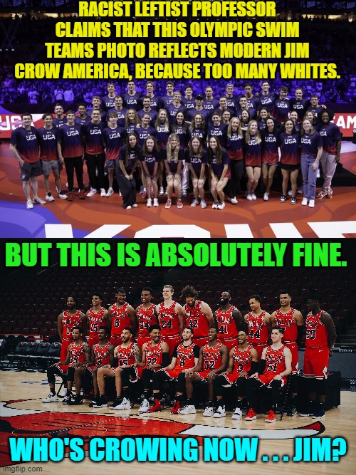 I dunno . . . too blunt, to honest for the global moderator's creative TOS interpretations? | RACIST LEFTIST PROFESSOR CLAIMS THAT THIS OLYMPIC SWIM TEAMS PHOTO REFLECTS MODERN JIM CROW AMERICA, BECAUSE TOO MANY WHITES. BUT THIS IS ABSOLUTELY FINE. WHO'S CROWING NOW . . . JIM? | image tagged in indeed | made w/ Imgflip meme maker