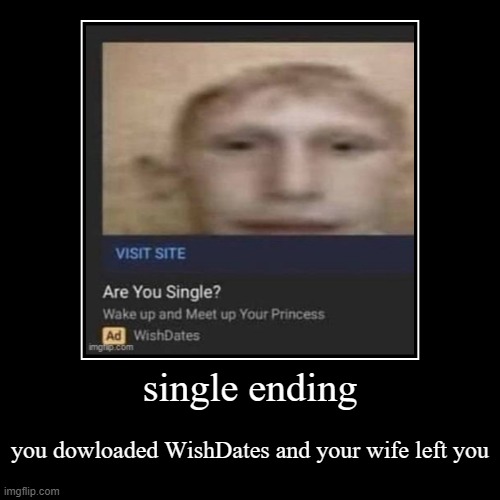 single ending | you dowloaded WishDates and your wife left you | image tagged in funny,demotivationals | made w/ Imgflip demotivational maker