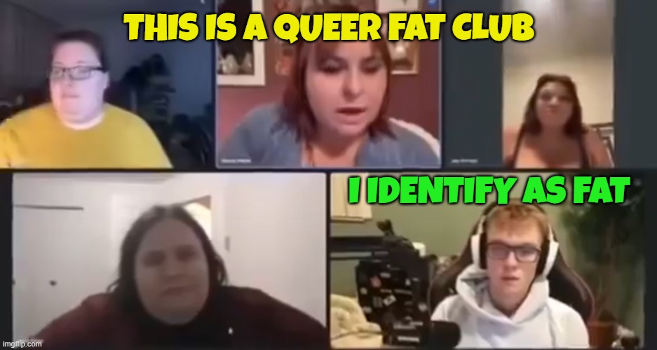 First rule of queer fat club | THIS IS A QUEER FAT CLUB; I IDENTIFY AS FAT | image tagged in fat,obese,obese woman at computer,skinny,gender identity,identity politics | made w/ Imgflip meme maker