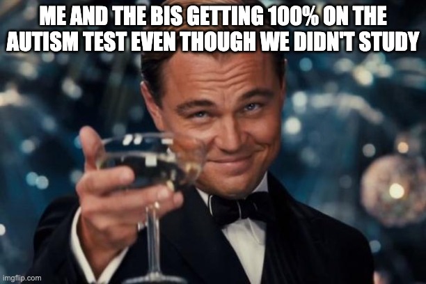 Leonardo Dicaprio Cheers | ME AND THE BIS GETTING 100% ON THE AUTISM TEST EVEN THOUGH WE DIDN'T STUDY | image tagged in memes,leonardo dicaprio cheers | made w/ Imgflip meme maker