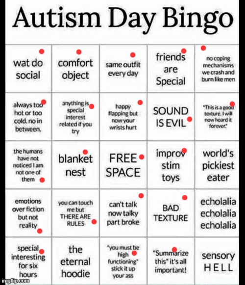 im to lasy to count the red dots did i win | image tagged in autism bingo | made w/ Imgflip meme maker