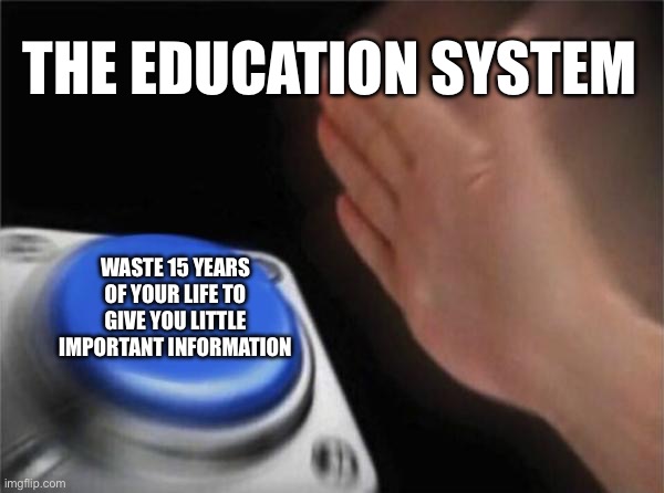 Education, circa 2024 | THE EDUCATION SYSTEM; WASTE 15 YEARS OF YOUR LIFE TO GIVE YOU LITTLE IMPORTANT INFORMATION | image tagged in memes,blank nut button | made w/ Imgflip meme maker